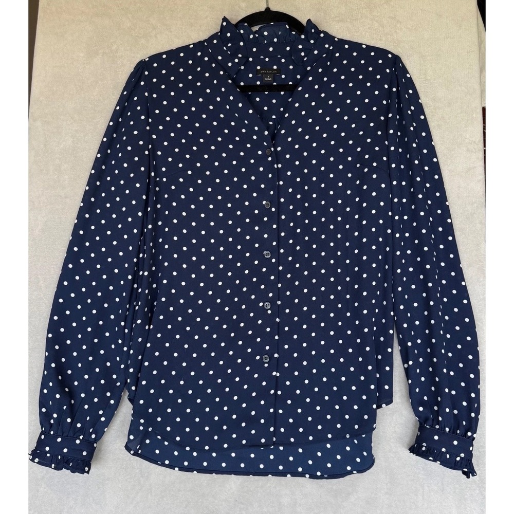 Ann Taylor Blouse Womens Small‎ Blue Polka Dot Ruffles Feminine Dramatic Classic